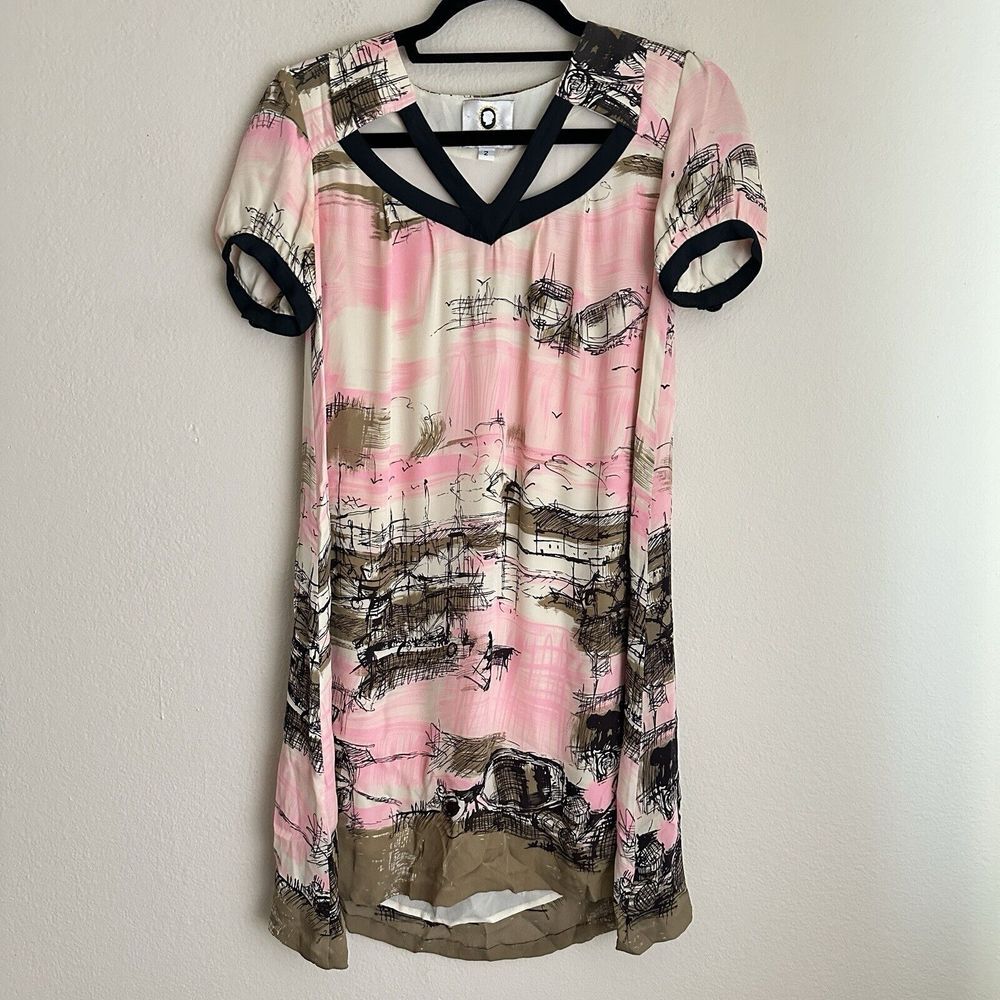 Mayle Silk Harbor Print Dress Women 2 Pink Strappy Cutout V-Neck Short Sleeve